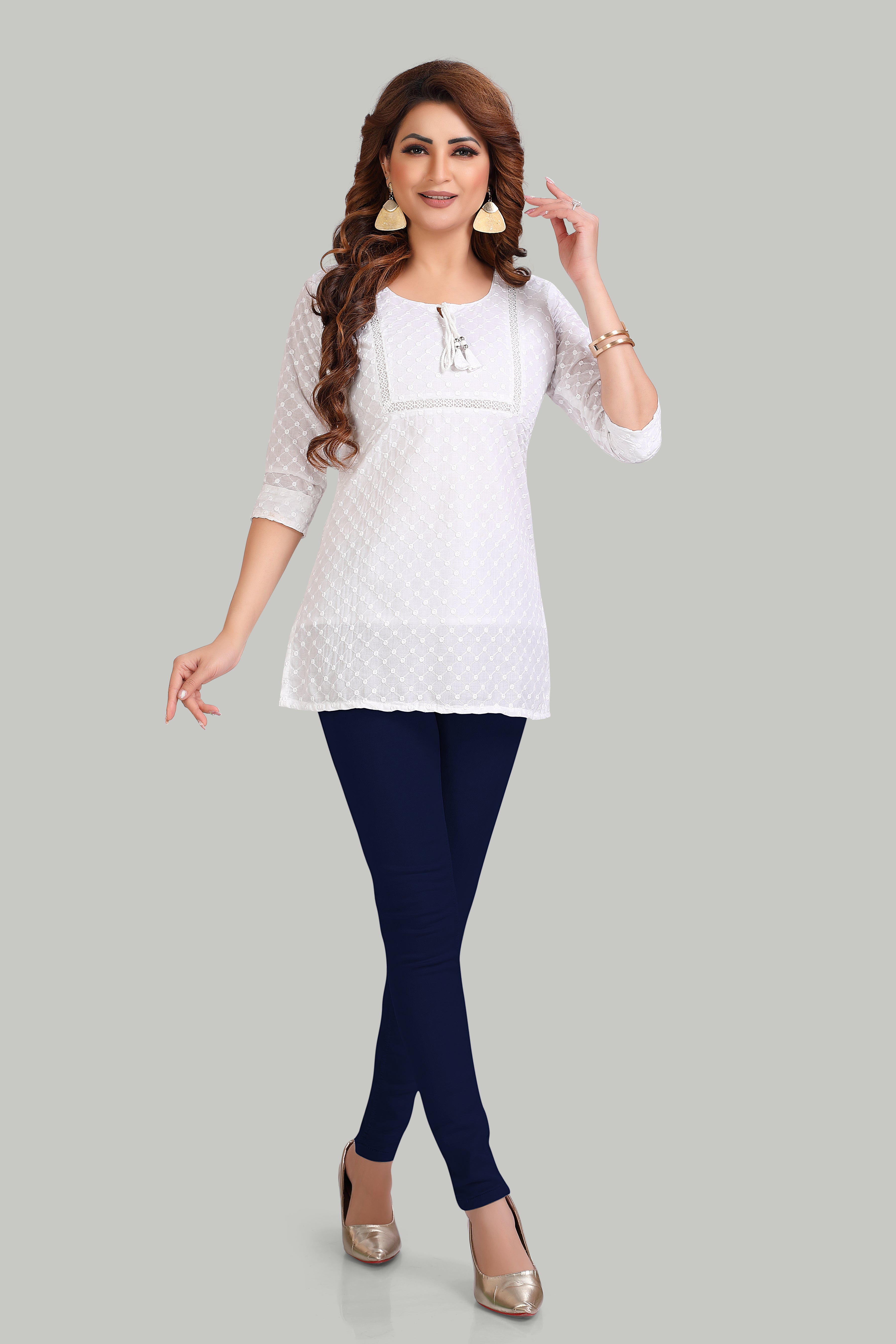 Elegant White Embroidered Kurti with Three-Quarter Sleeves